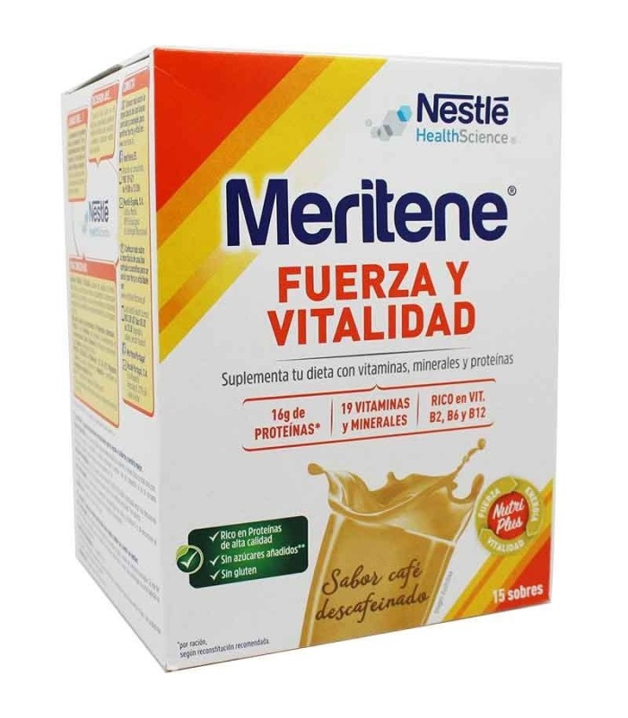 MERITENE BEBIDA SOLUBLE A BASE DE PROTEÍNAS LÁCTEAS ENRIQUECIDAS SABOR CAFÉ DESCAFEINADO 15 SOBRES